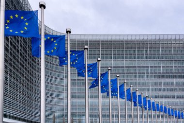 Brüksel, Belçika 'daki Avrupa Komisyonu Genel Merkezi önünde Avrupa Bayrakları
