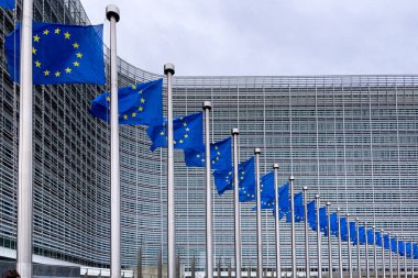 Brüksel, Belçika 'daki Avrupa Komisyonu Genel Merkezi önünde Avrupa Bayrakları