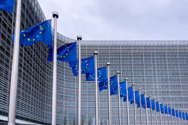 Brüksel, Belçika 'daki Avrupa Komisyonu Genel Merkezi önünde Avrupa Bayrakları