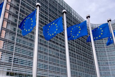 Brüksel, Belçika 'daki Avrupa Komisyonu Genel Merkezi önünde Avrupa Bayrakları