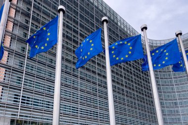 Brüksel, Belçika 'daki Avrupa Komisyonu Genel Merkezi önünde Avrupa Bayrakları