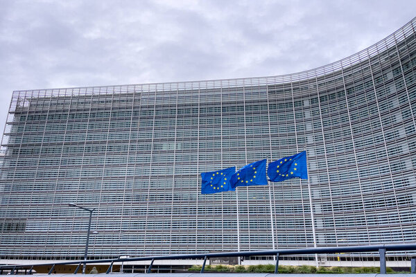 European Flags in front of the European Commission Headquarters building in Brussels, Belgium