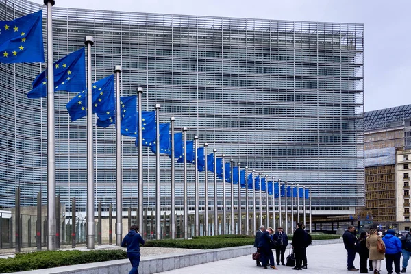 European Flags Front European Commission Headquarters Building Brussels Belgium — Stock Photo, Image