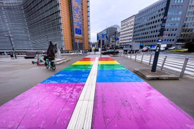 Avrupa Komisyonu 'nun Brüksel' deki karargahının önünde LGBT renkleriyle geçiş yapan yaya gökkuşağı renkli zebra işareti