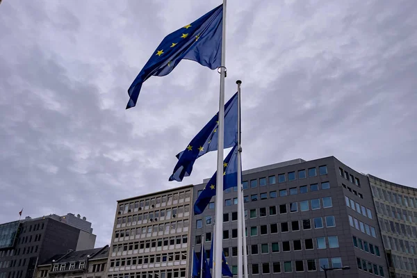 Bandeiras União Europeia Acenando Livre Com Céu Nublado Fundo — Fotografia de Stock
