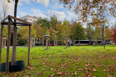 Molenbeek Saint-Jean parkı Brüksel 'de güneşli bir sonbahar gününde