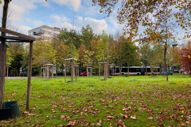 Molenbeek Saint-Jean parkı Brüksel 'de güneşli bir sonbahar gününde