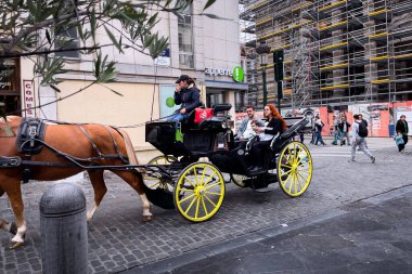 Brüksel sokaklarında at arabasıyla gezen turistler