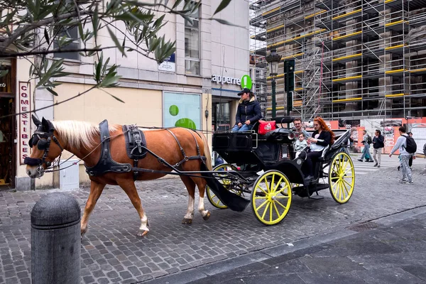 Туристы Катаются Конном Экипаже Улицам Брюсселя — стоковое фото