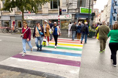 Brüksel 'de gökkuşağı zebrasının çapraz işaretlerini geçen yayalar