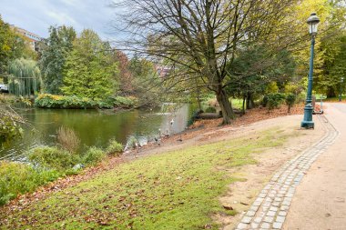 Brüksel 'de sonbahar mevsiminde göleti olan Leopold Parkı