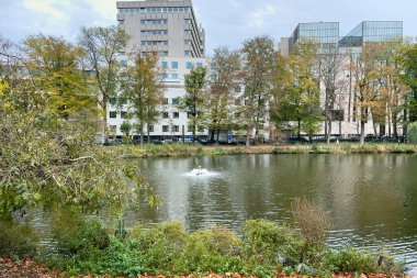 Brüksel 'de sonbahar mevsiminde göleti olan Leopold Parkı