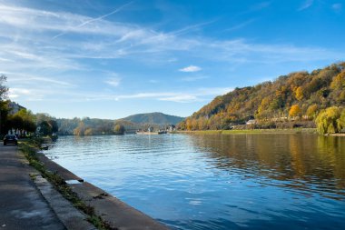 Belçika 'da Meuse Nehri manzaralı tarihi Dinant kasabası manzarası