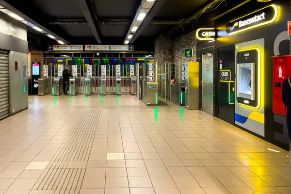 stock image Automatic turnstiles inside subway station with signs of entry in Brussels