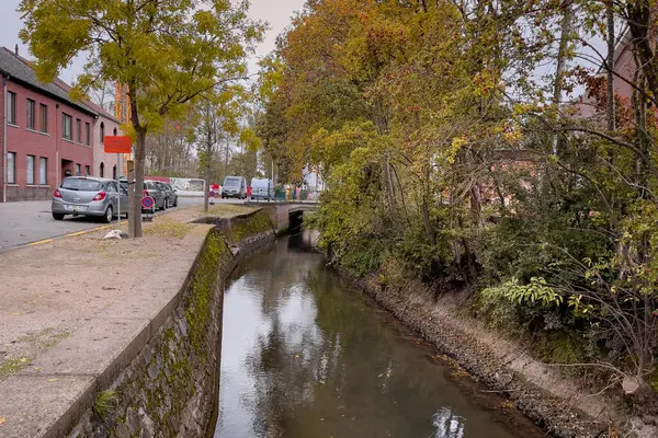 Zoutleeuw 'daki Kleine Gete nehrinin kenarına park etmiş arabalar.