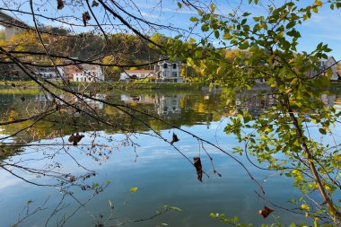 Belçika, Dinant 'taki ağaç dallarının arkasından Meuse nehrinin manzarası