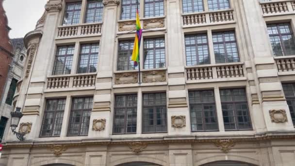 Bandera Arco Iris Lgbt Colgando Fuera Edificio Cerca Grand Place — Vídeos de Stock