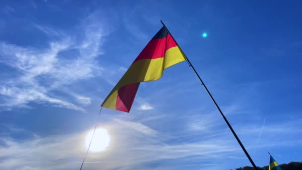 比利时国旗在蓝天的背景下飘扬 — 图库视频影像