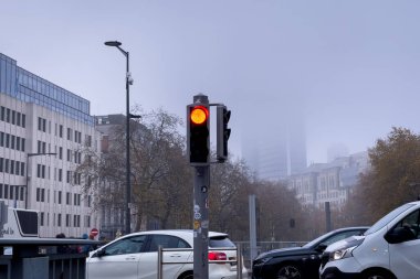 Red traffic signal turned on during a foggy day in Brussels, Belgium