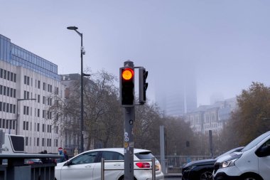 Red traffic signal turned on during a foggy day in Brussels, Belgium