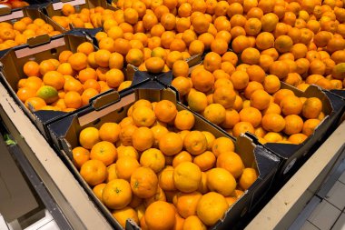 Fresh oranges inside containers inside a supermarket in Brussels, Belgium