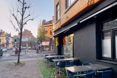 Tables and chairs in the terrace of a coffee shop in Brussels, Belgium