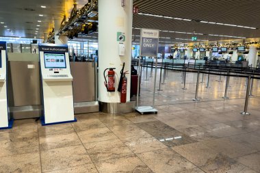 Rmpty check-in desks at the airport terminal at Brussels Zavantem international airport, Belgium
