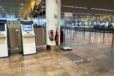 Rmpty check-in desks at the airport terminal at Brussels Zavantem international airport, Belgium