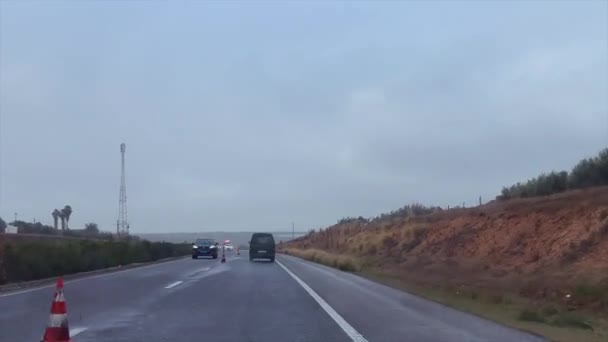 Dashcam View Car Driving Highway Rainy Day Morocco — Wideo stockowe
