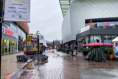 Wet pedestrian street during winter season in Brussels, Belgium