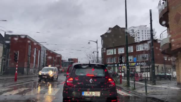 Red Traffic Light Turned Rainy Day Brussels Belgium — Stockvideo