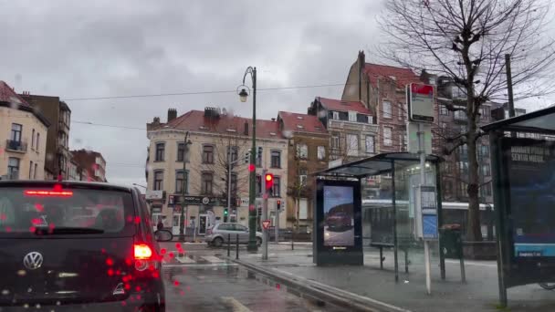 Приборная Камера Дороге Время Дождливого Дня Брюсселе Бельгия — стоковое видео