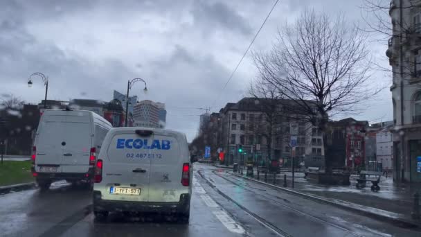 Red Traffic Light Turned Rainy Day Brussels Belgium — Video