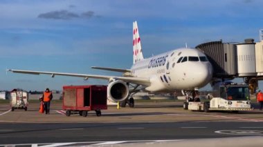 Brussel commercial airplane connected to the boarding bridge at Zaventem international airport in Belgium 