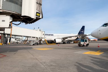 Lufthansa airplane docked at Milan Malpensa Airport in Italy