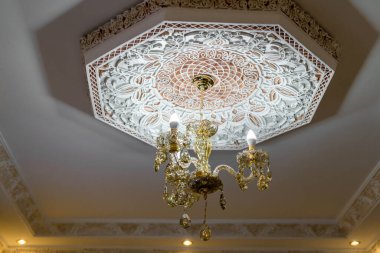 Crystal chandelier hanging on a white ceiling