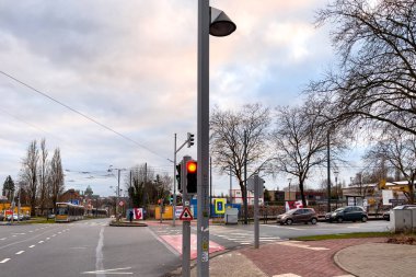 Red traffic signal on the roadside in Brussels, Belgium 