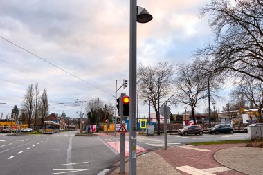 Red traffic signal on the roadside in Brussels, Belgium 