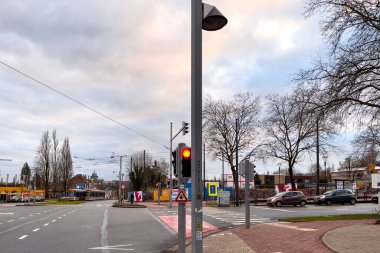 Red traffic signal on the roadside in Brussels, Belgium 