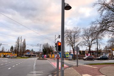 Red traffic signal on the roadside in Brussels, Belgium 