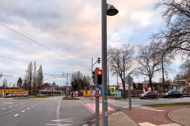 Red traffic signal on the roadside in Brussels, Belgium 