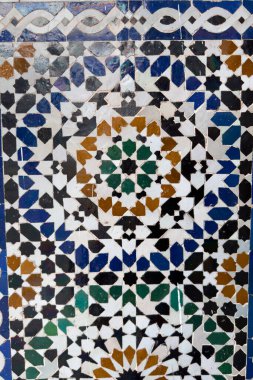 Moroccan traditional Mosaic inside Zawiya of Moulay Idris II in Fez, Morocco