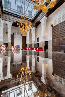 The interior of a luxury riad in the medina of Fes