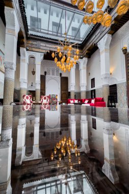 The interior of a luxury riad in the medina of Fes
