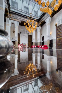 The interior of a luxury riad in the medina of Fes