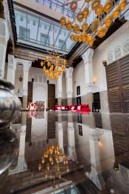 The interior of a luxury riad in the medina of Fes