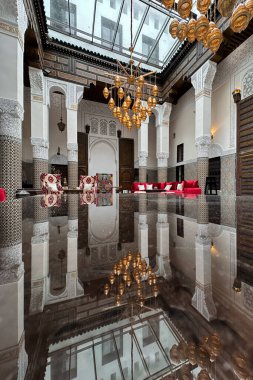 The interior of a luxury riad in the medina of Fes