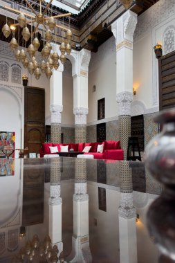 The interior of a luxury riad in the medina of Fes