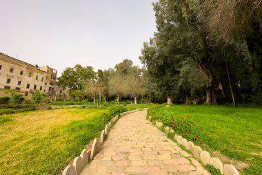 Fas 'ın eski kenti Fez' deki Jnan Sbil Bahçeleri 'nde kaldırım taşı patikası.