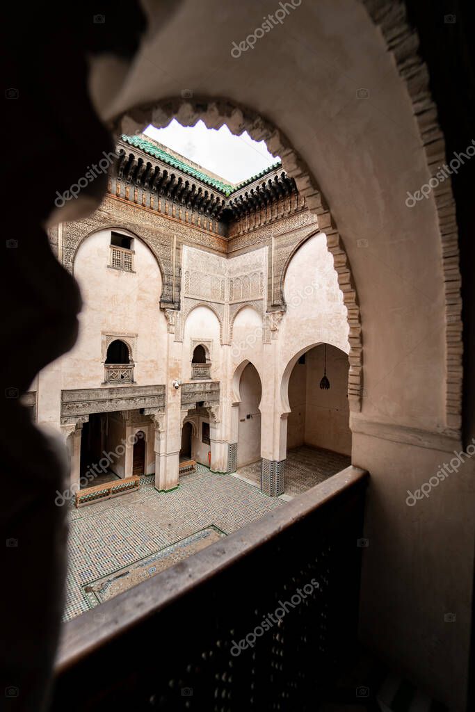 The interior of Cherratine Madrasa in the old medina of Fez, Morocco 2023